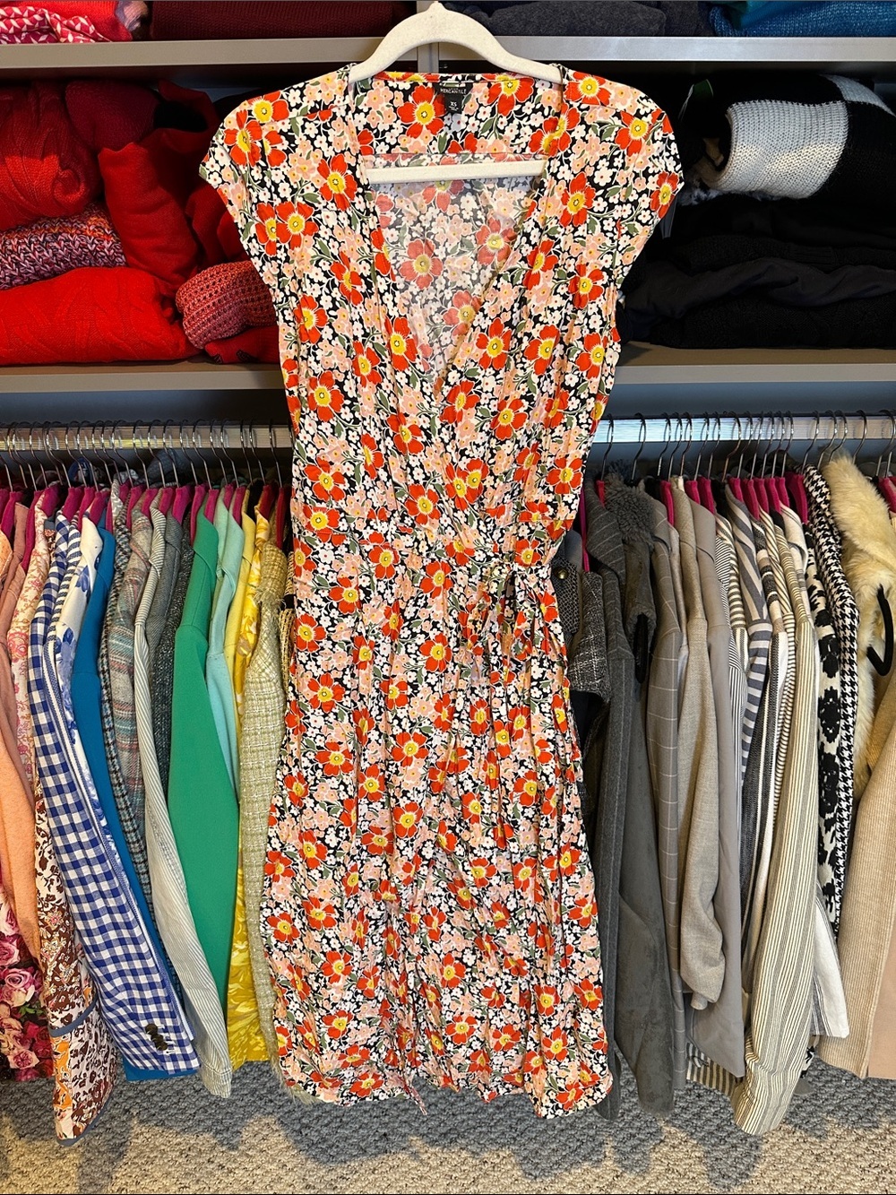 J Crew orange/white/black floral cap sleeve wrap midi dress size XS
